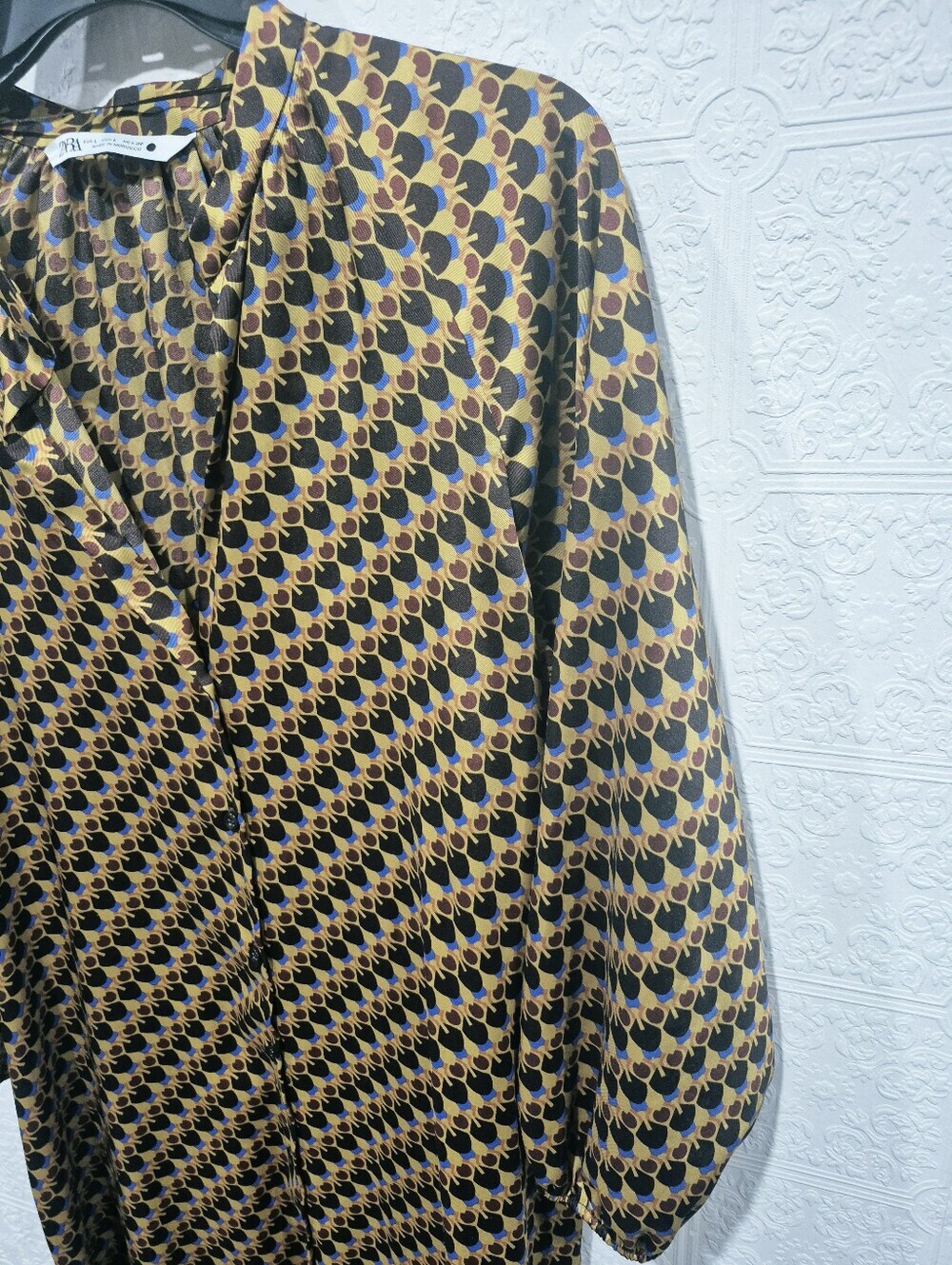 ZARA Geometric Print Long Sleeve Midi Shirt Dress Yellow Black Blue Large L - Picture 4 of 8